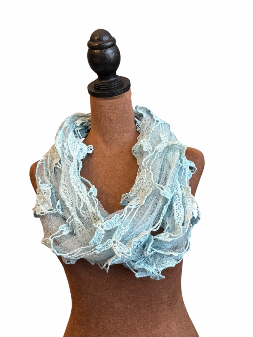 Sheer Baby Blue Floral‎ Lace Scarf Fringe 76” Bohemian Coastal Cowgirl Whimsical